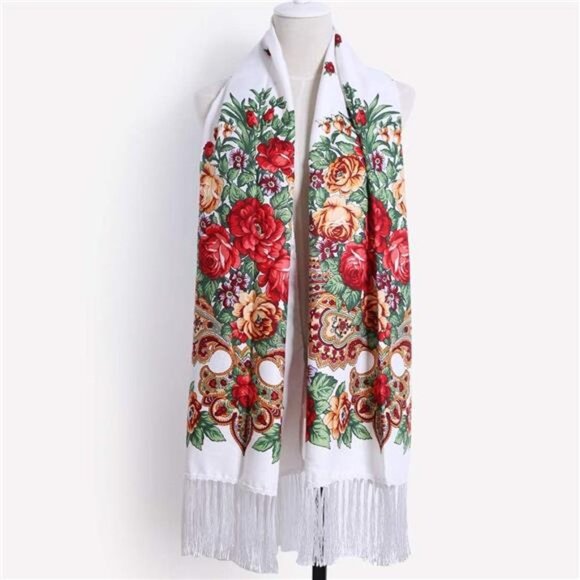 White Floral Paisley Printed Tassel Fringe Scarf Wrap Long Pashmina Shawl Tartan
